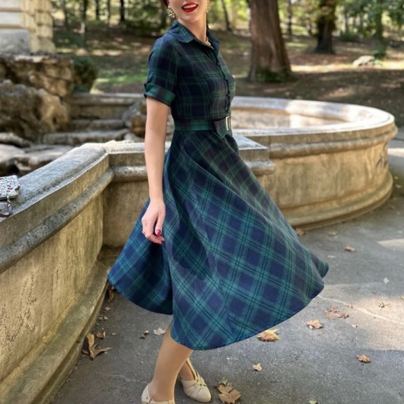 Plaids 1950s Buttoned Belted Swing Dress new - Picture 2 of 8